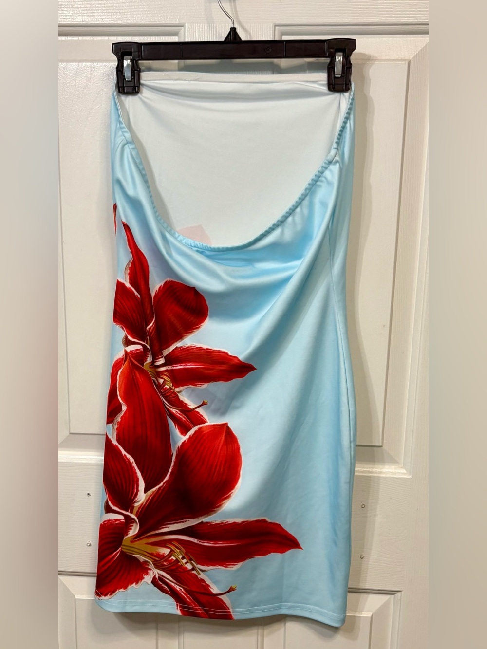 SHEIN Light Blue Strapless Dress with Red Floral Accent - Picture 2 of 3